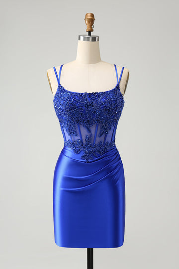 Vestido de fiesta corto ajustado con tirantes finos y corsé azul real